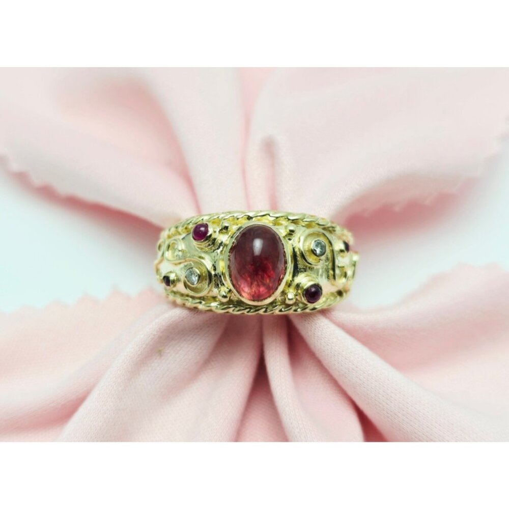 Unique 14K Solid Yellow Gold Cabochon Ruby & Diamond Wide Band Ring - Size 10.25